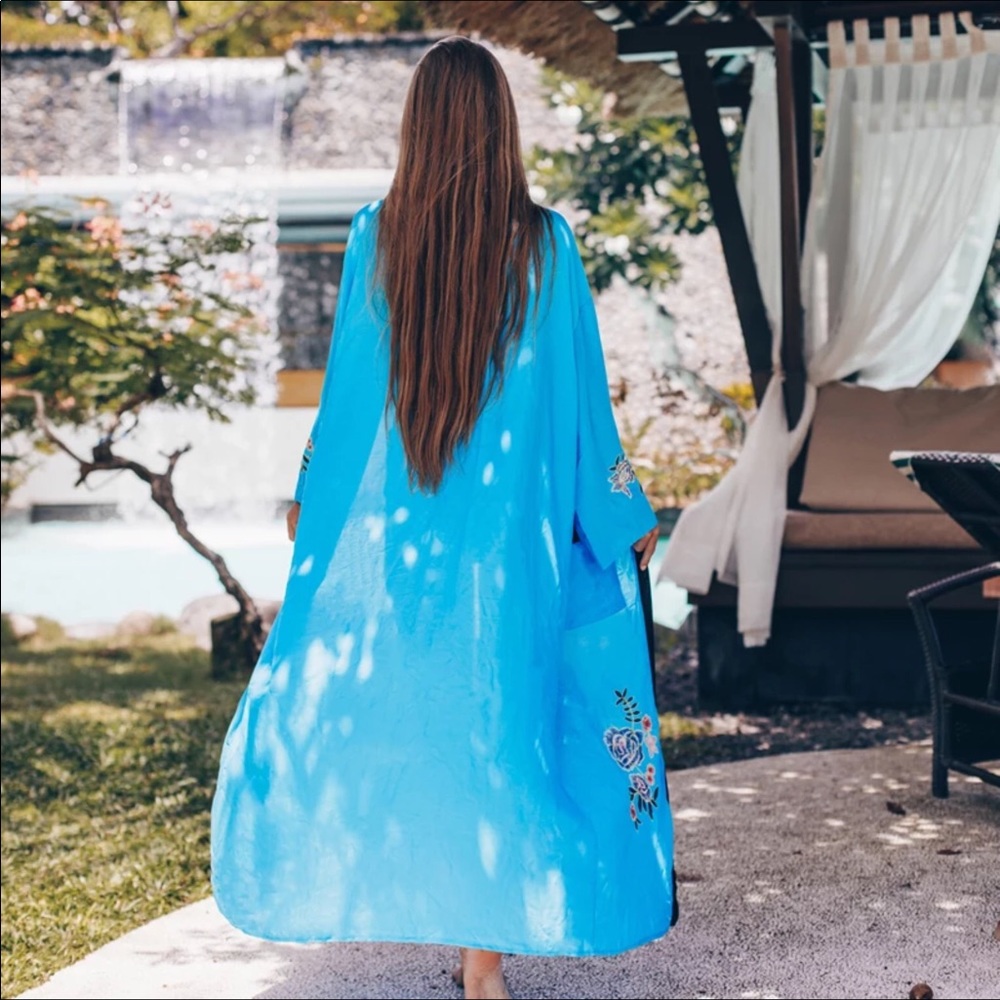 Cotton turquoise Embroidered kimono - Picture 3 of 4